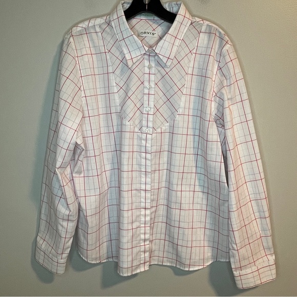 Orvis Tops - Womens Orvis Large White Pink Checked Blouse Shirt Long Sleeve Vintage